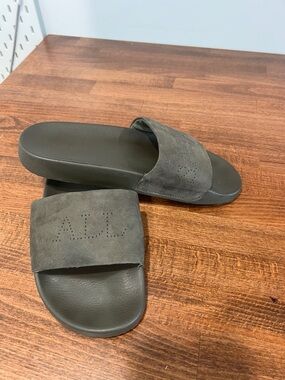 All Saints Suede Slide Sandals in Dark Olive